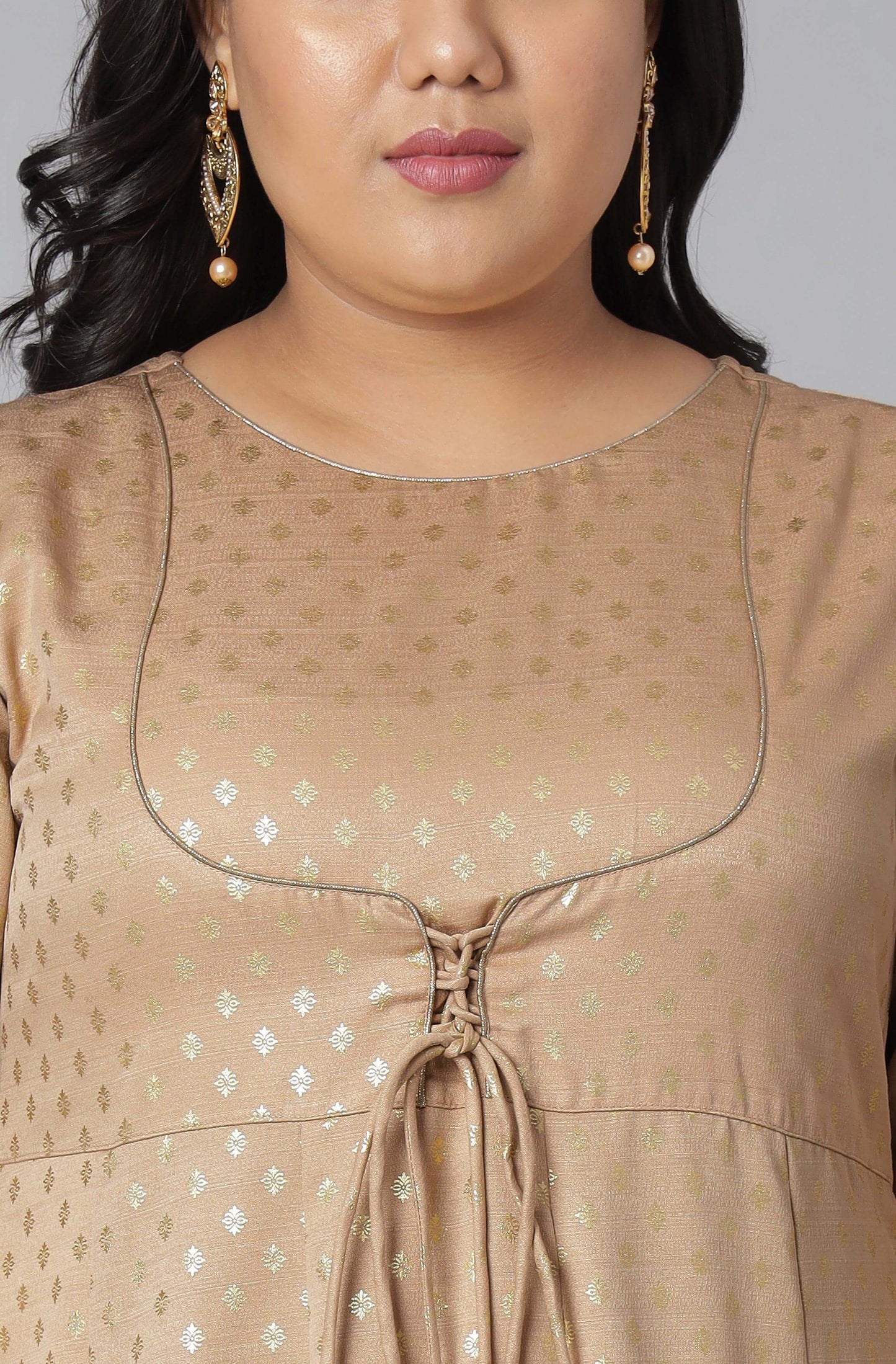 Plus Size Beige Poly Silk Foil Print Anarkali Kurta