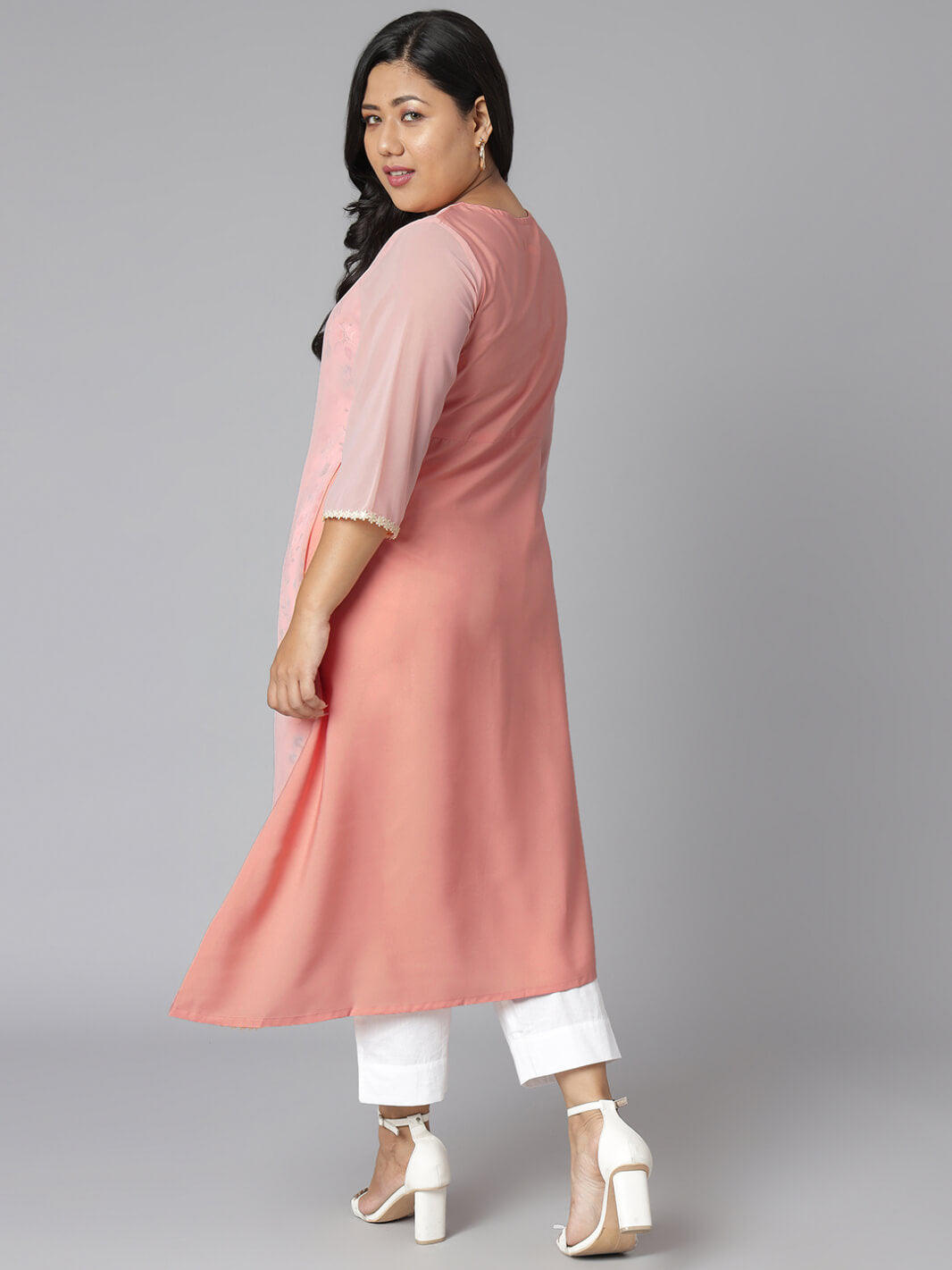 Plus Size Pink Poly Crepe Floral Print High Low Kurta