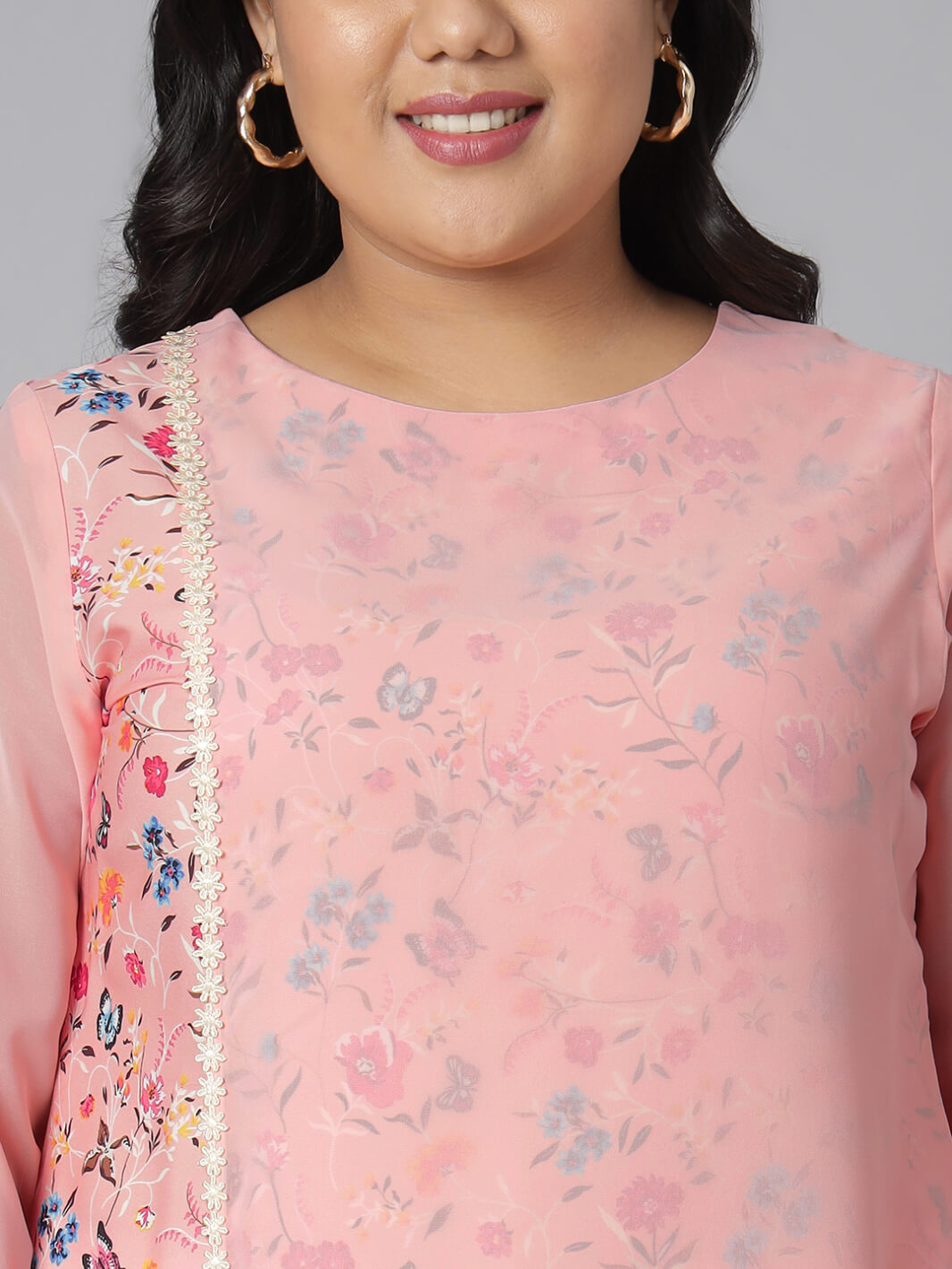 Plus Size Pink Poly Crepe Floral Print High Low Kurta