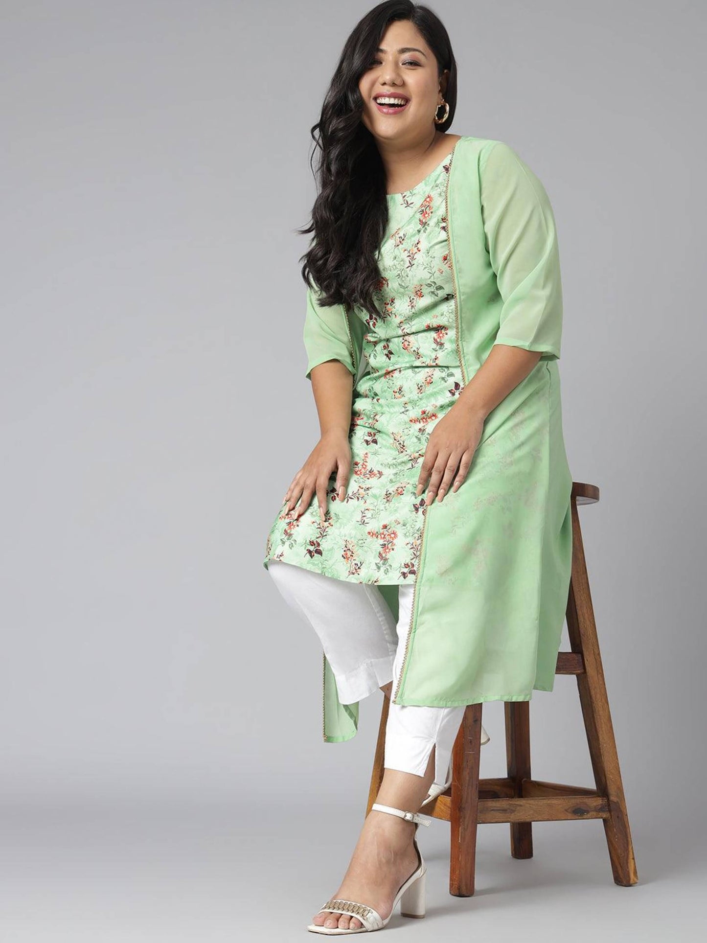 Plus Size Green Poly Crepe Floral Print A-line Kurta