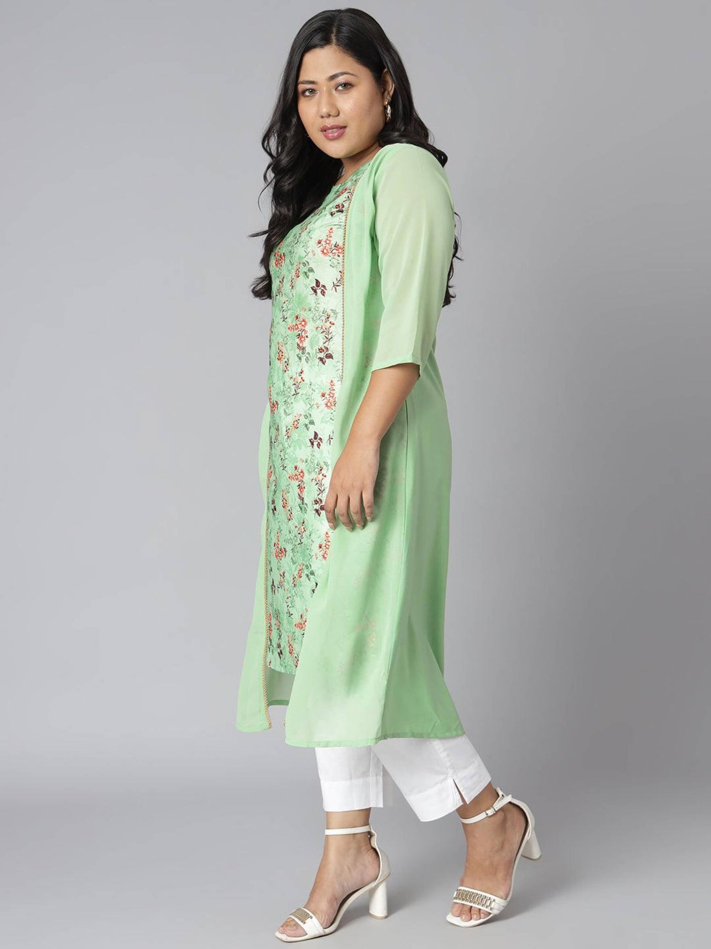 Plus Size Green Poly Crepe Floral Print A-line Kurta