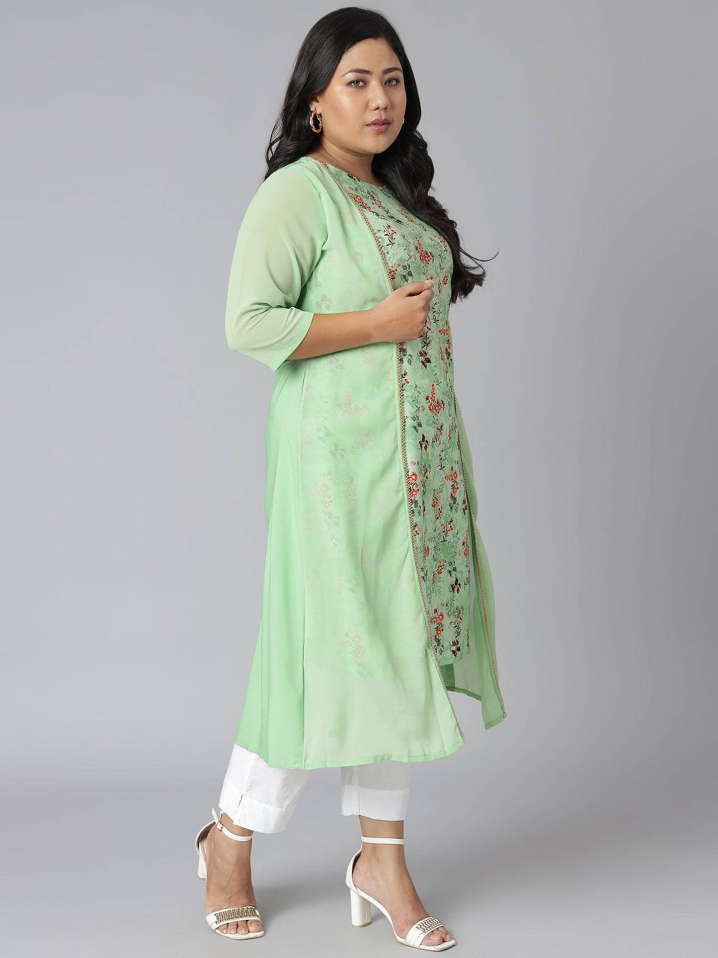 Plus Size Green Poly Crepe Floral Print A-line Kurta