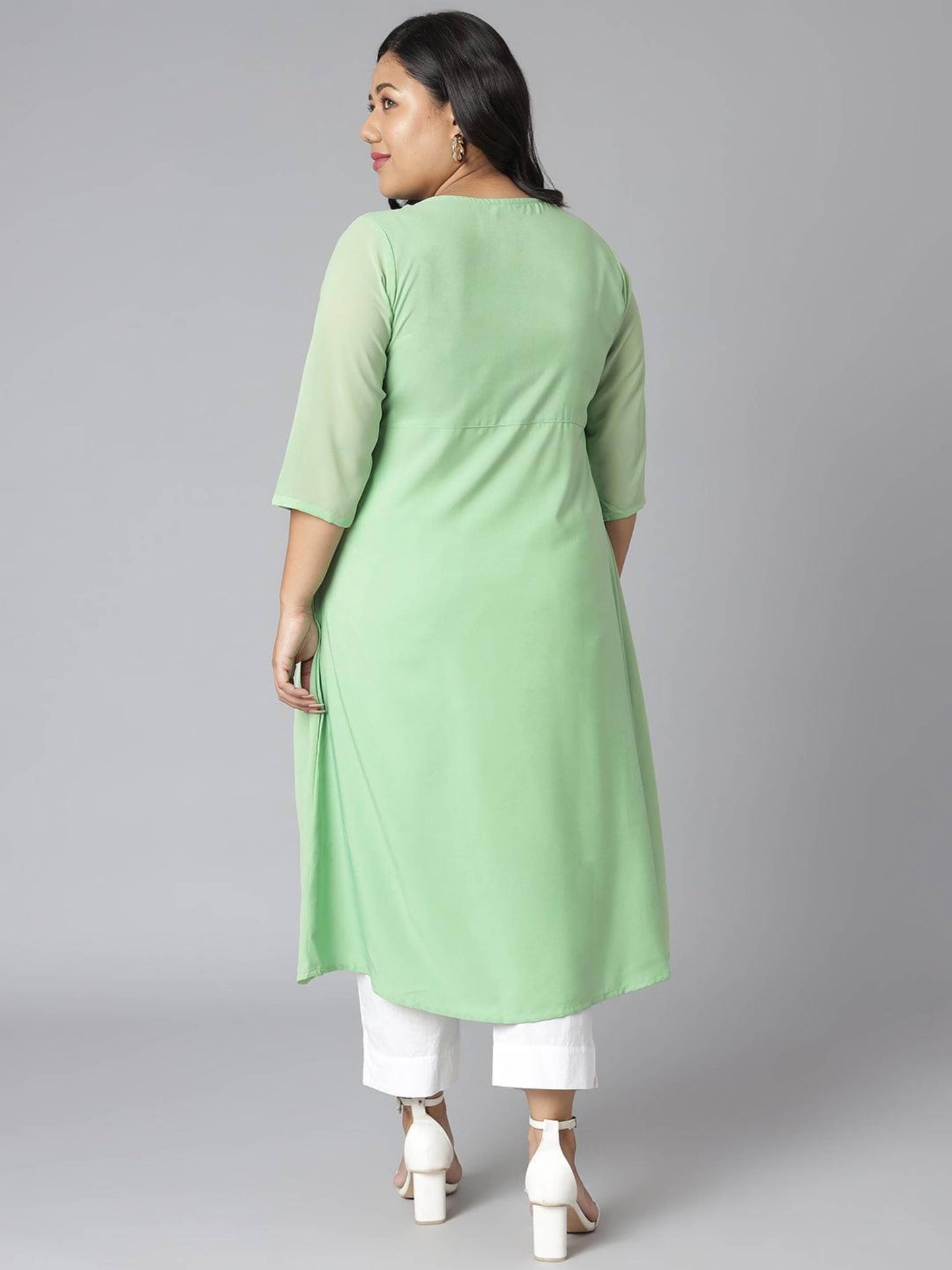 Plus Size Green Poly Crepe Floral Print A-line Kurta
