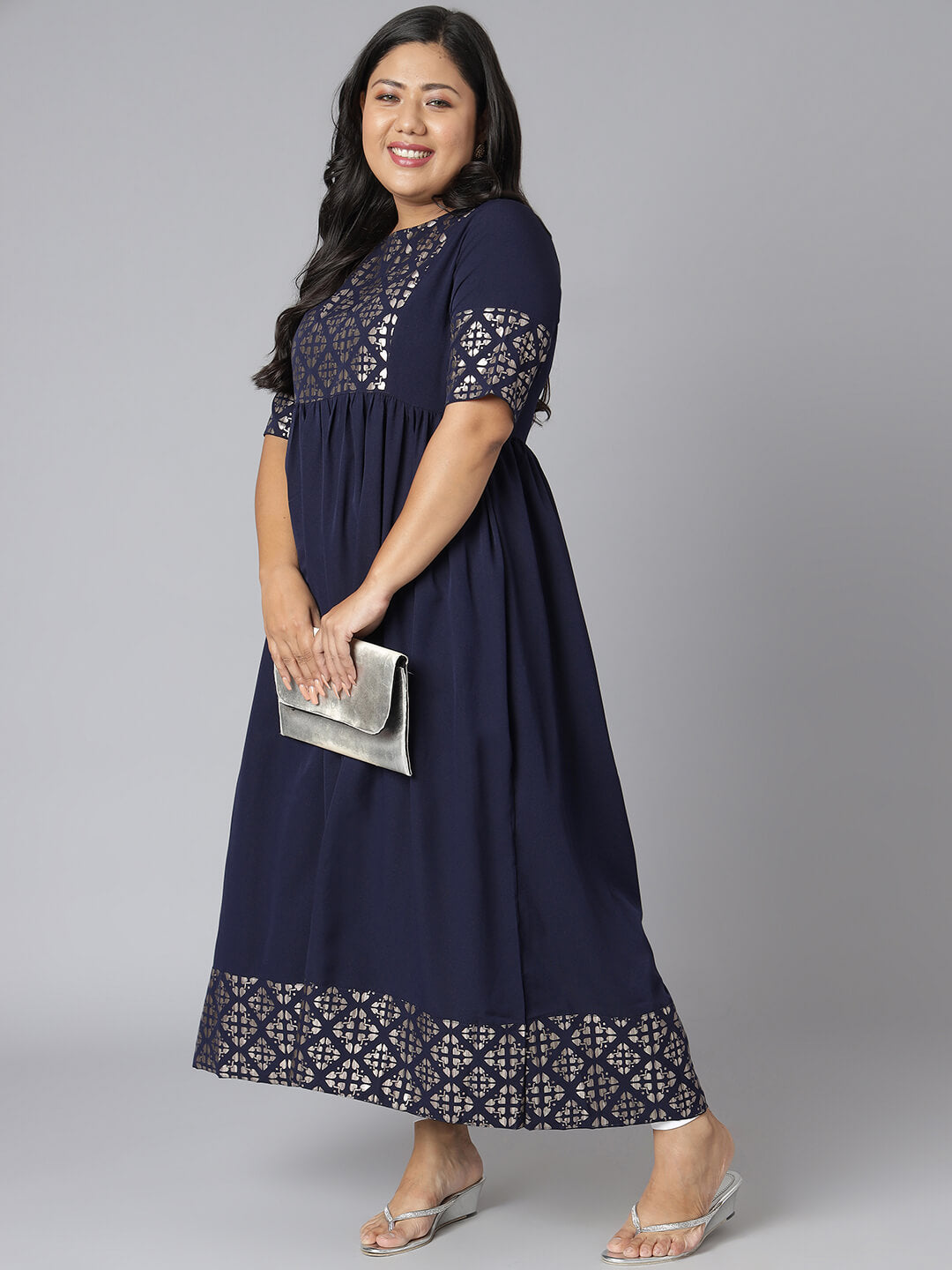 Plus Size Dark Blue Poly Crepe Foil Print Flared Kurta