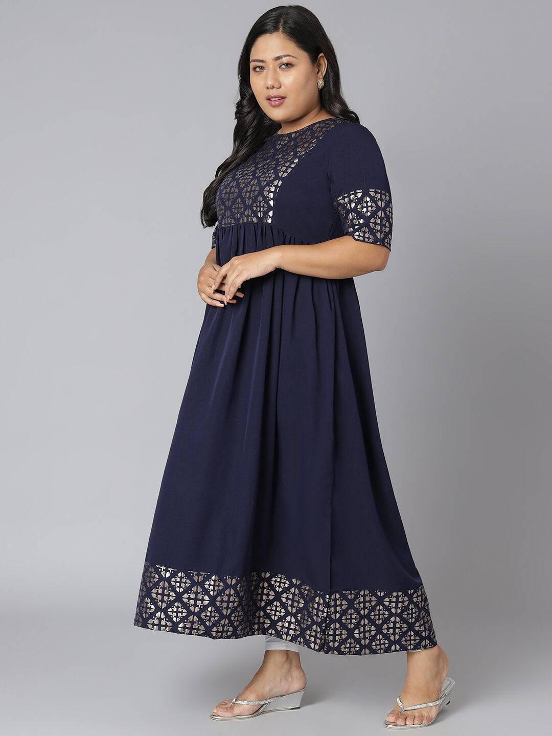 Plus Size Dark Blue Poly Crepe Foil Print Flared Kurta
