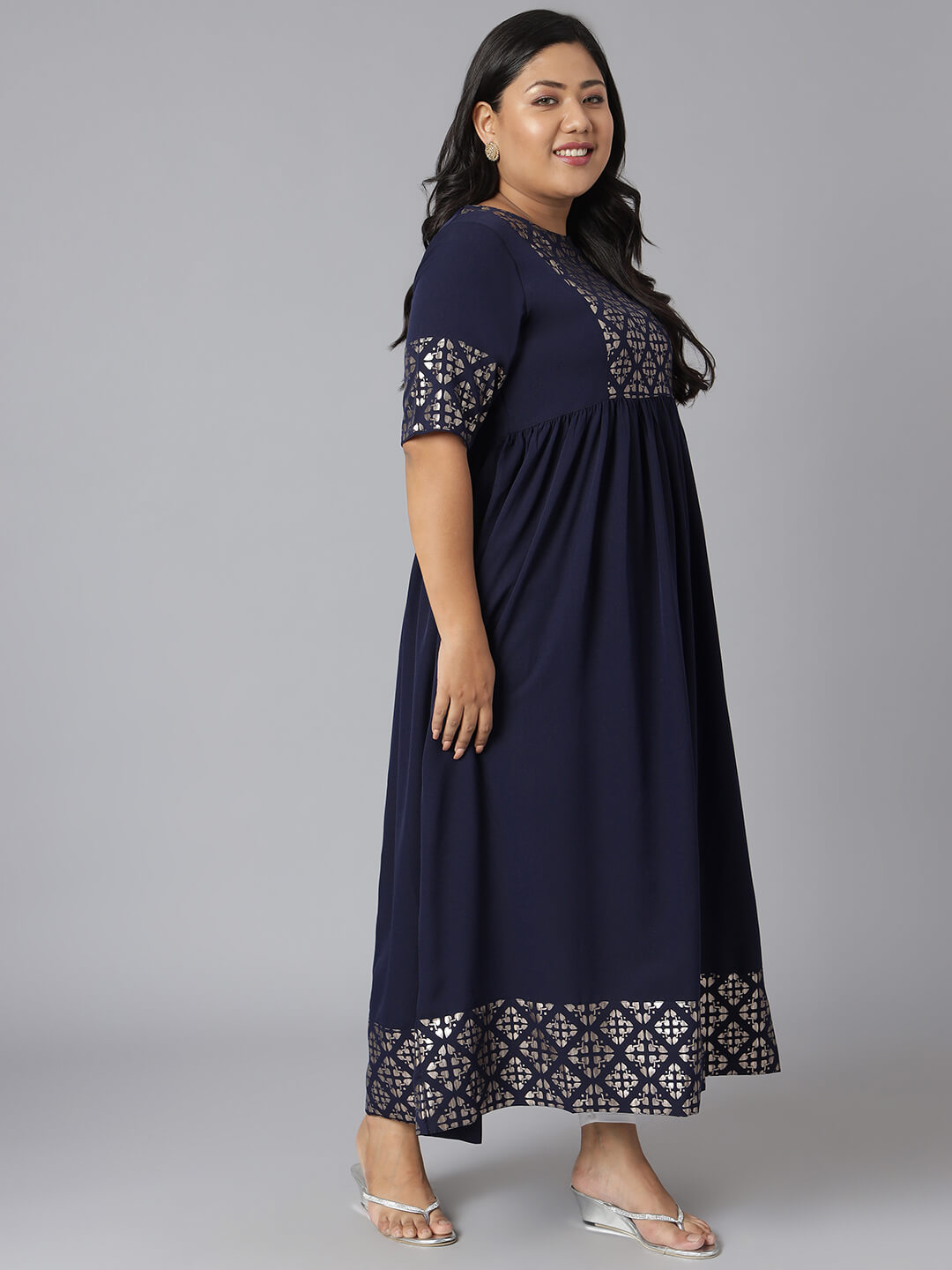 Plus Size Dark Blue Poly Crepe Foil Print Flared Kurta