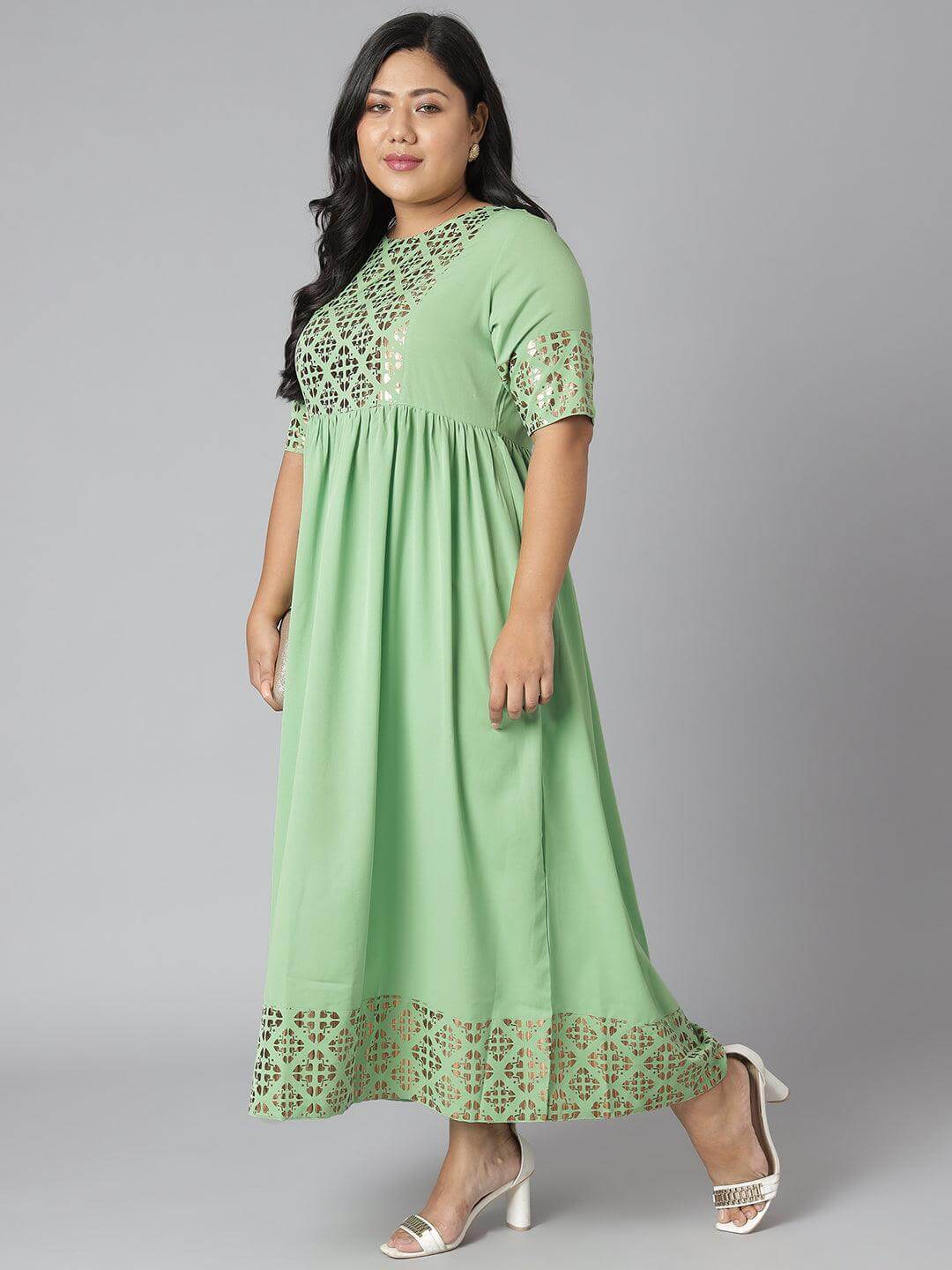 Plus Size Green Poly Crepe Foil Print Flared Kurta