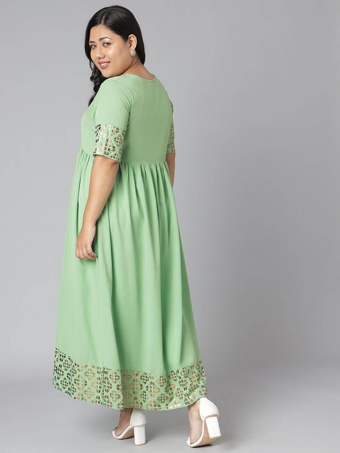 Plus Size Green Poly Crepe Foil Print Flared Kurta