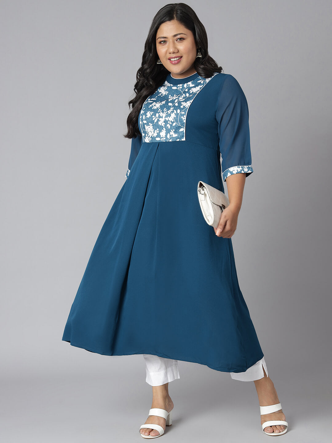 Plus Size Teal Poly Crepe Floral Print A-line Kurta