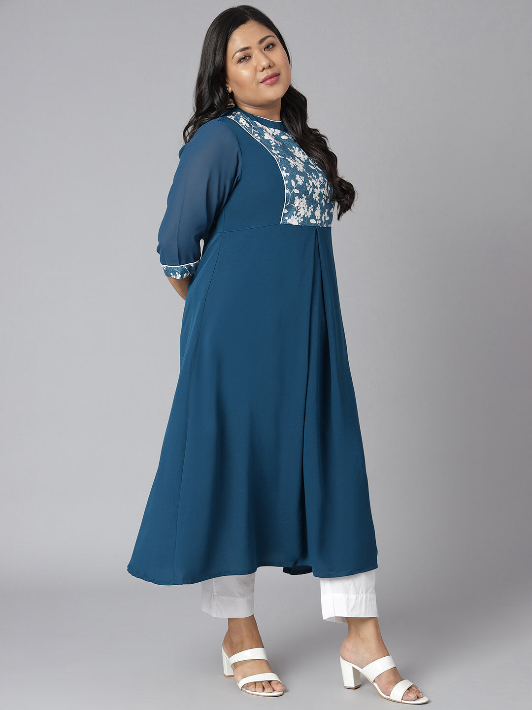 Plus Size Teal Poly Crepe Floral Print A-line Kurta