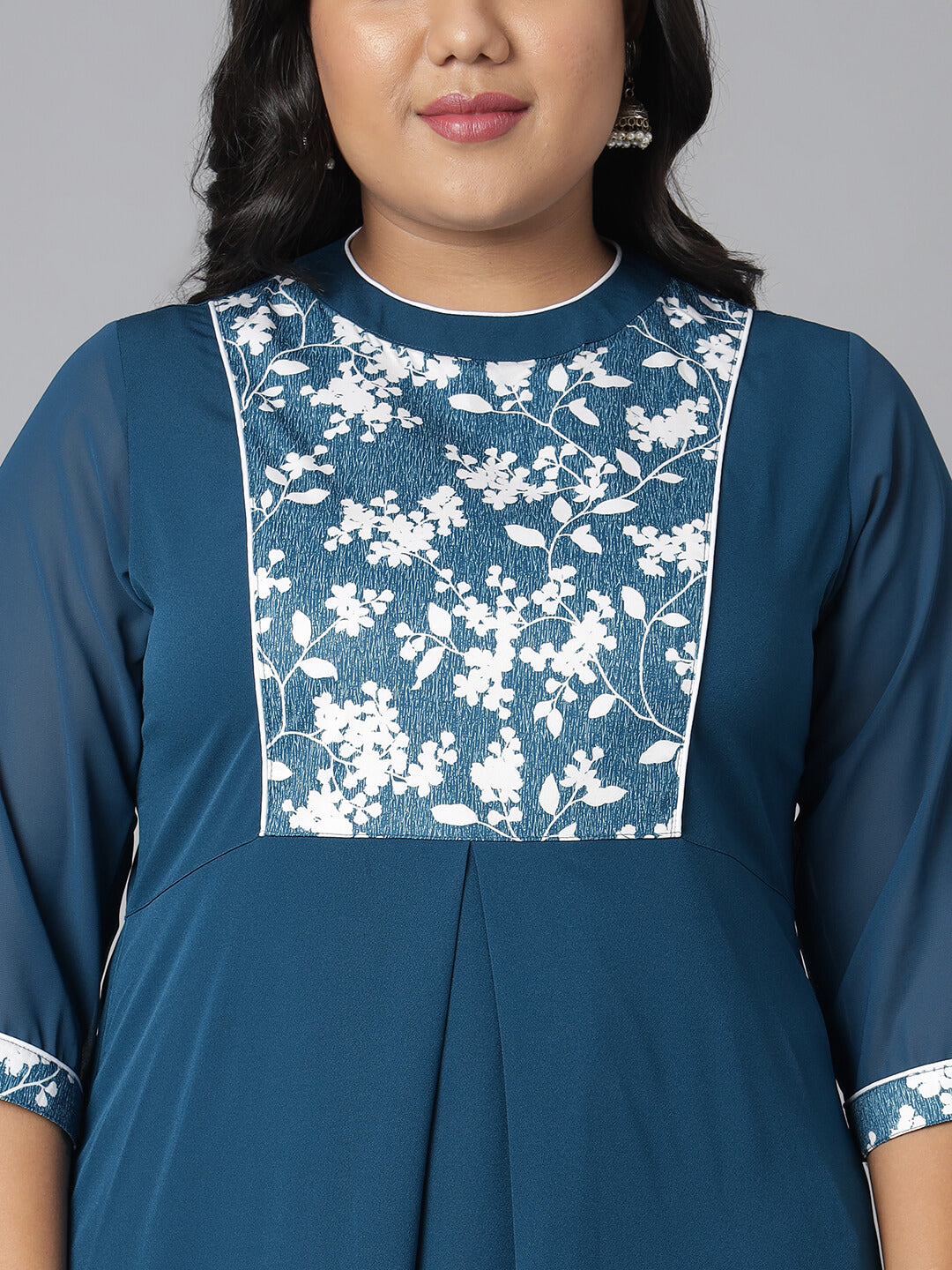 Plus Size Teal Poly Crepe Floral Print A-line Kurta