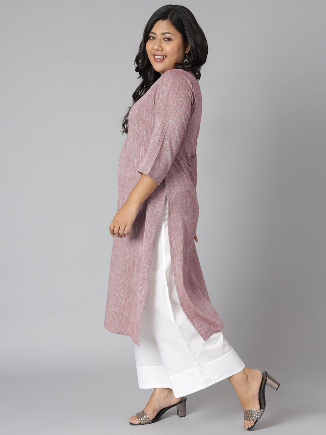 Plus Size Mauve Cotton Slub Solid Straight Kurta