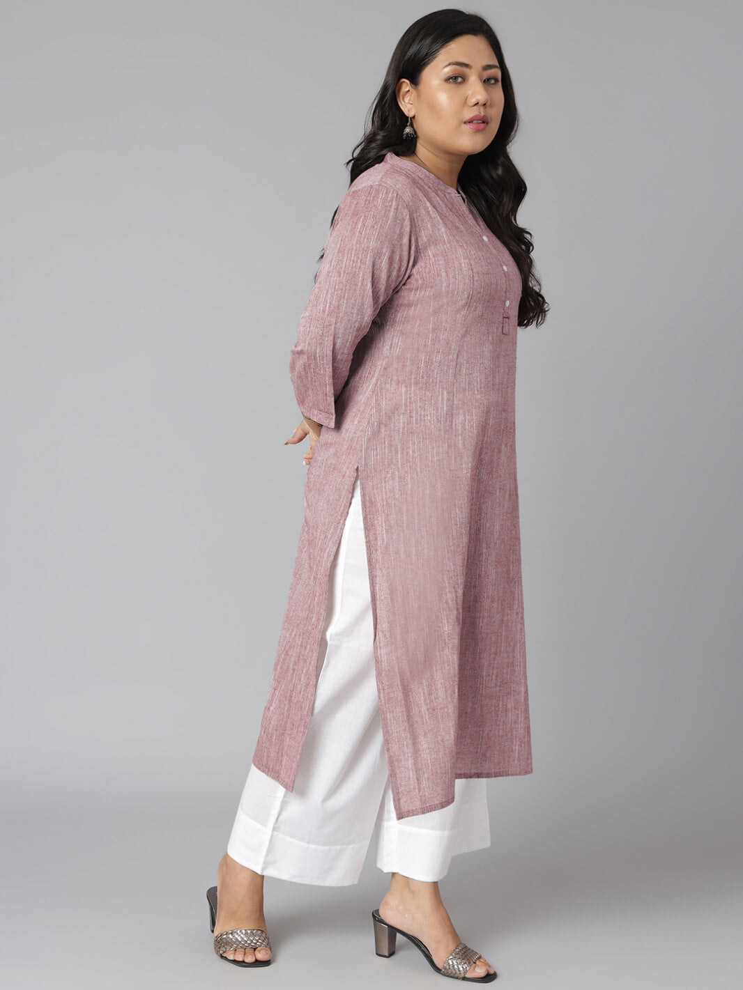 Plus Size Mauve Cotton Slub Solid Straight Kurta