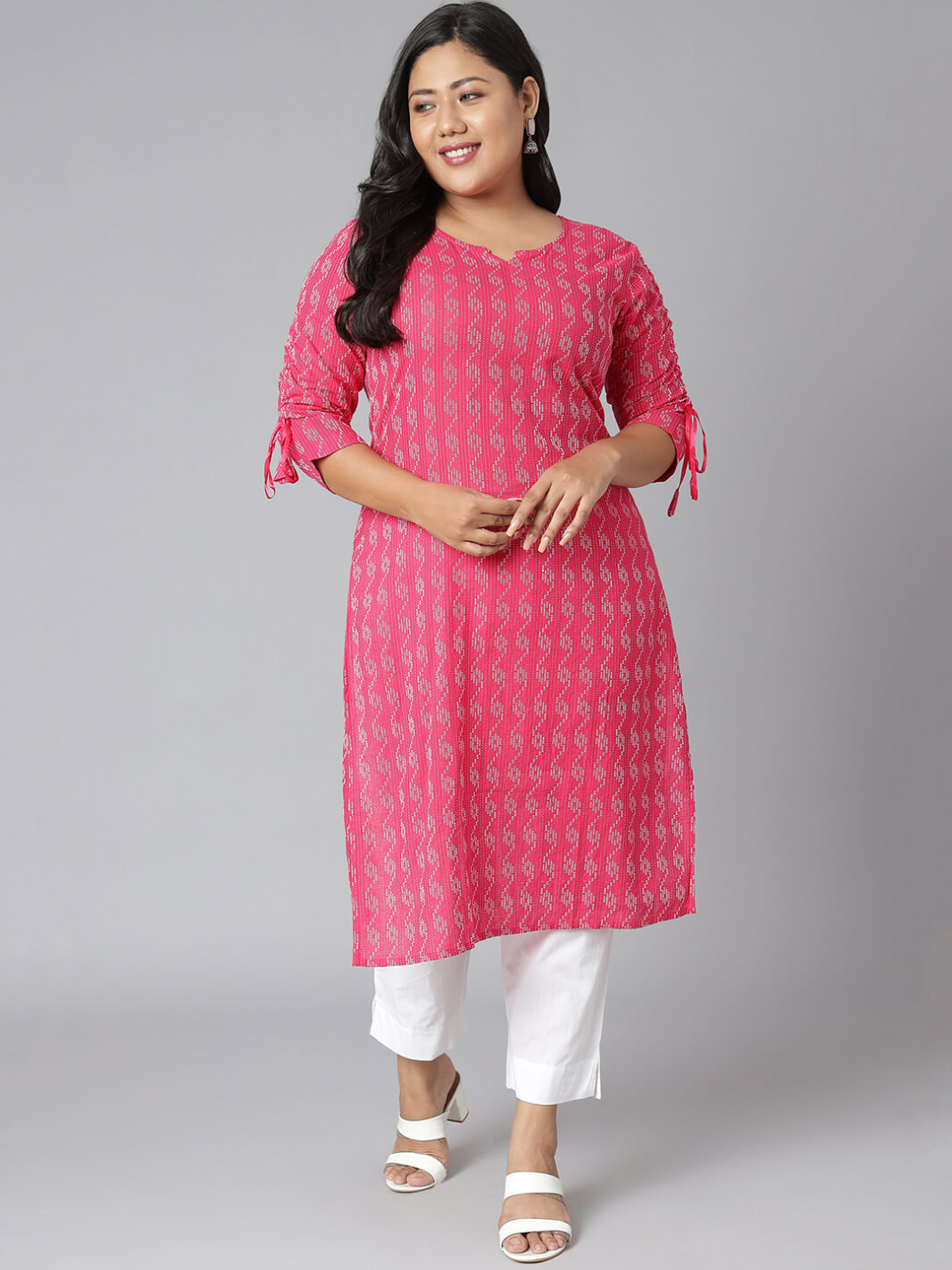 Plus Size Pink Cotton Woven Design Straight Kurta