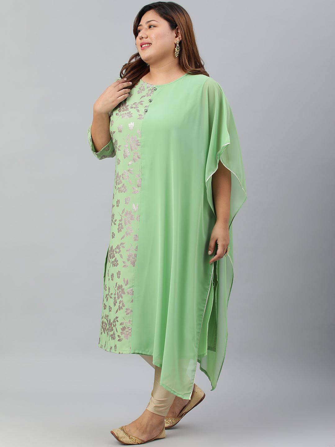 Plus Size Light Green Poly Crepe Foil Print Straight kurta