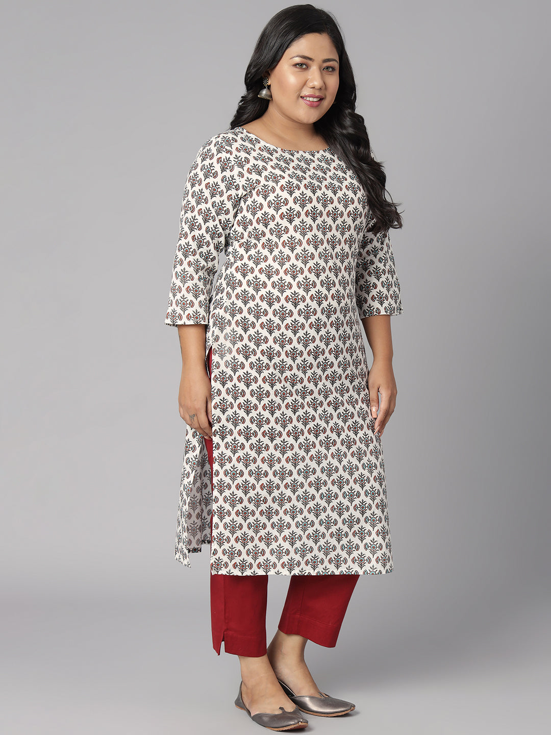 Plus Size White Cotton Floral Print Straight Kurta