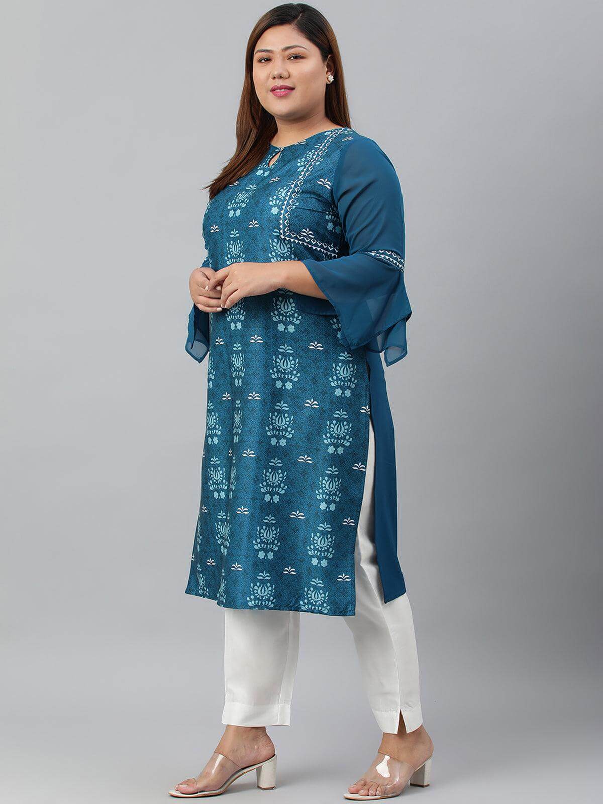Plus Size Teal Poly Crepe Digital Print Straight kurta