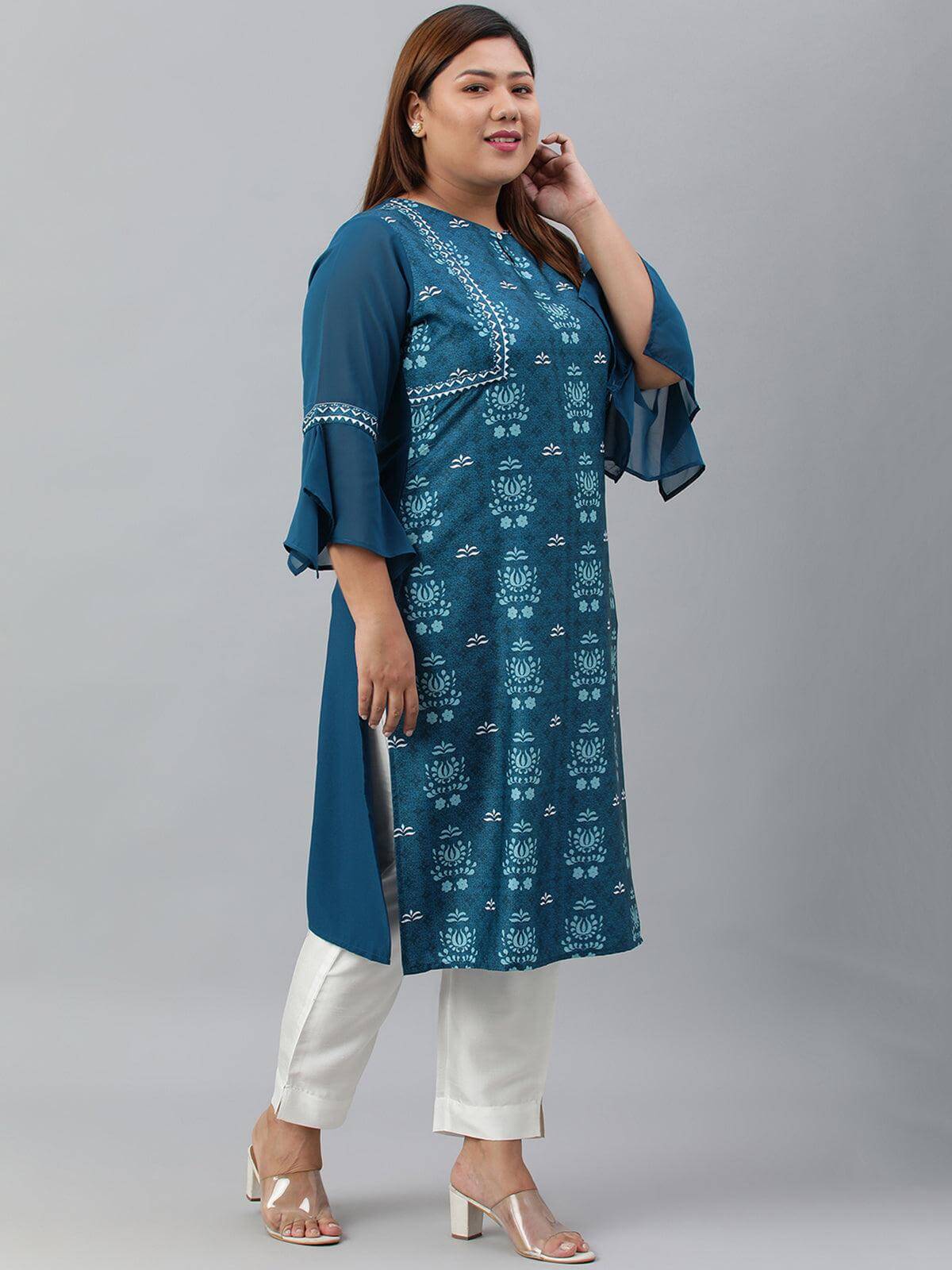 Plus Size Teal Poly Crepe Digital Print Straight kurta