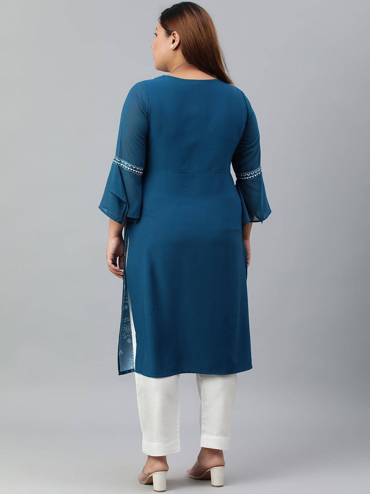 Plus Size Teal Poly Crepe Digital Print Straight kurta