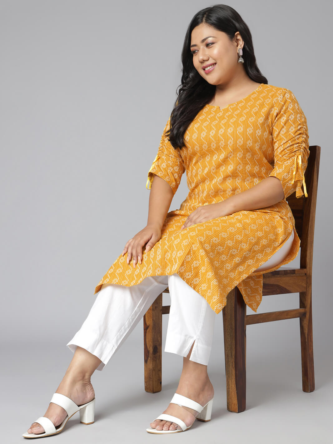 Plus Size Yellow Cotton Woven Design Straight Kurta