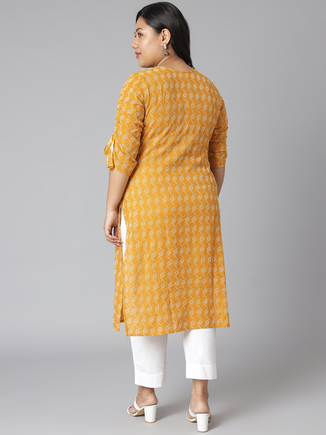 Plus Size Yellow Cotton Woven Design Straight Kurta