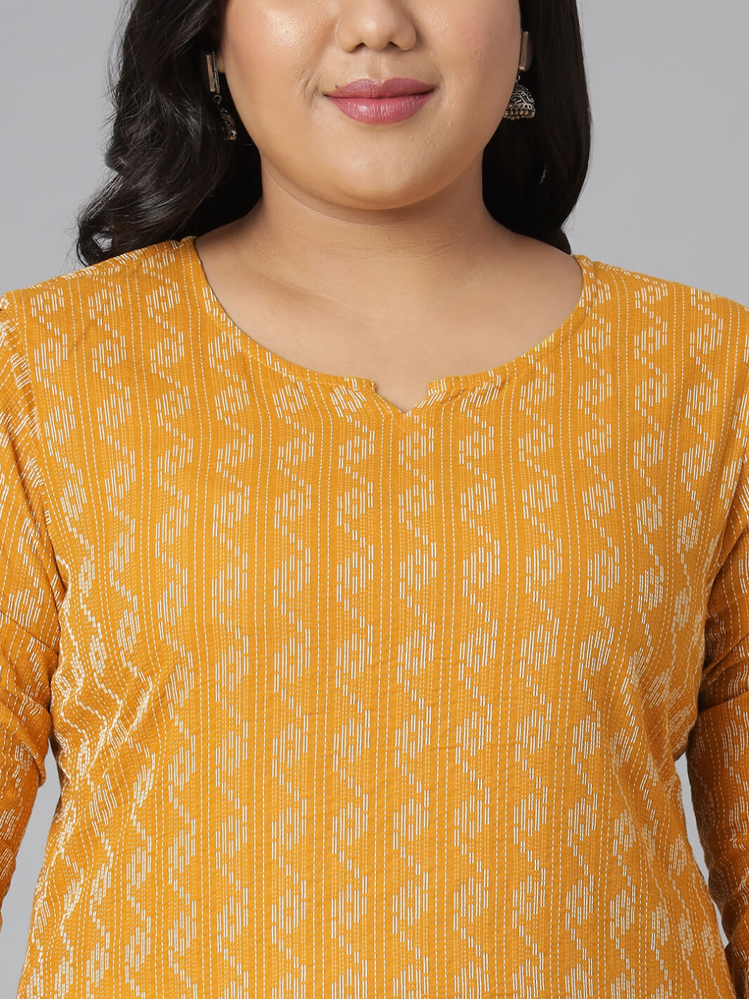 Plus Size Yellow Cotton Woven Design Straight Kurta
