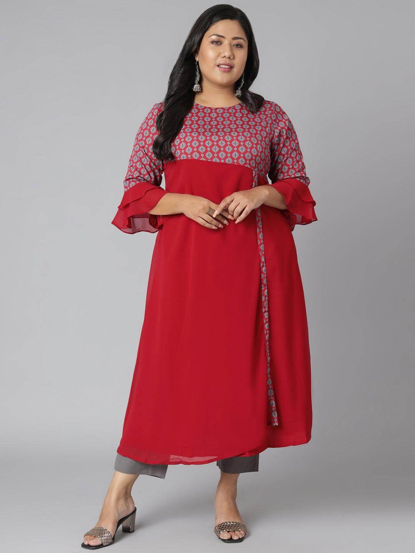 Plus Size Maroon Poly Crepe Ethnic Motifs A-line Kurta