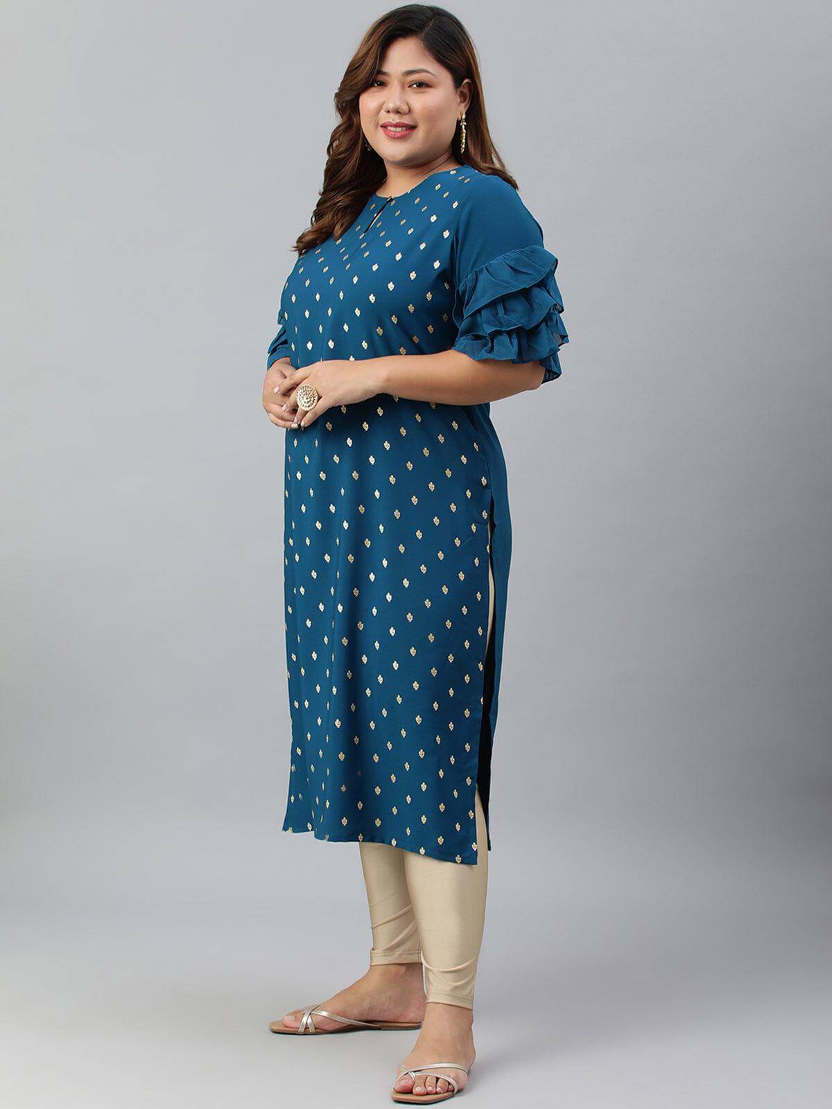 Plus Size Teal Poly Crepe Gold Print Straight kurta