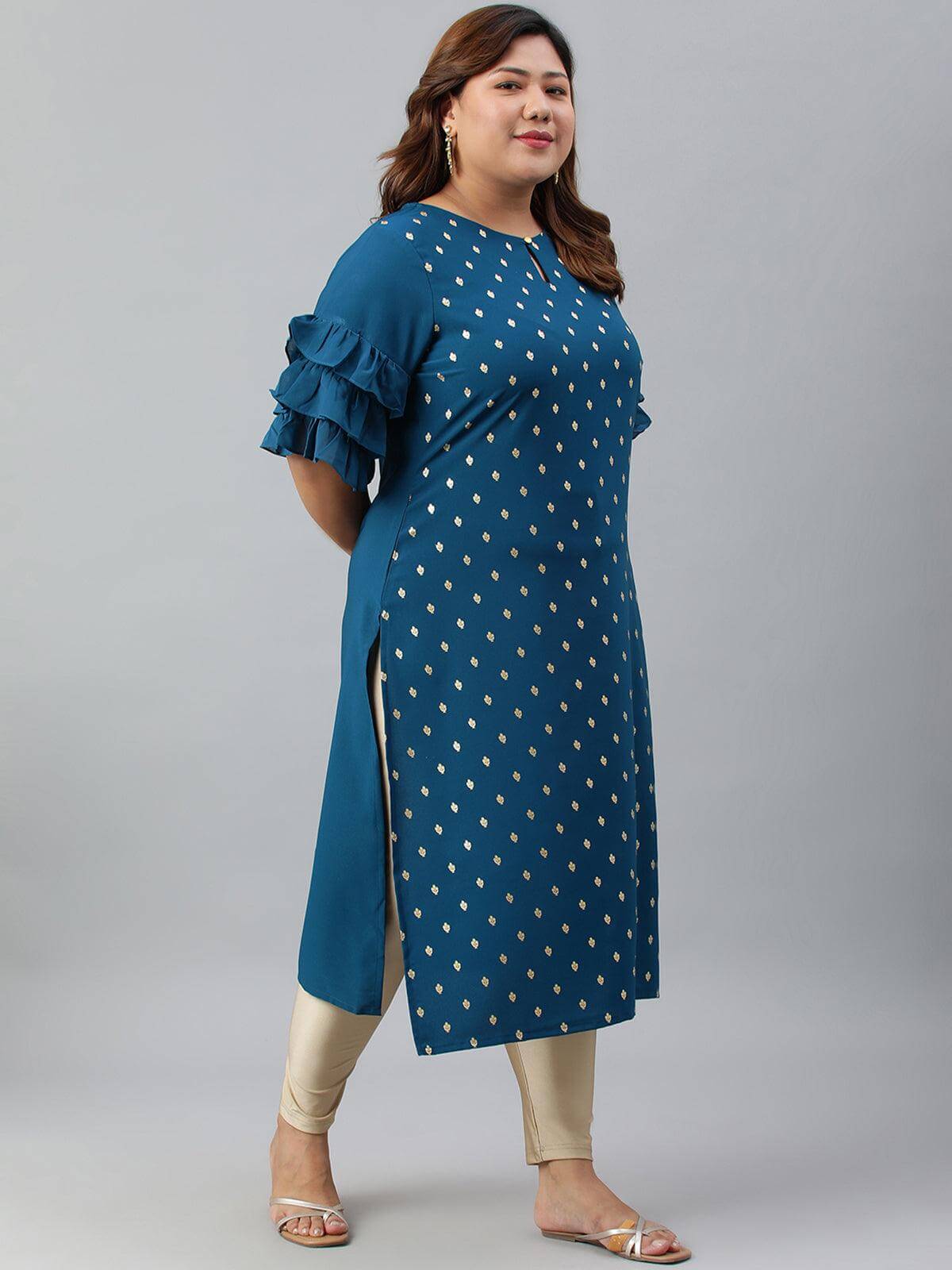 Plus Size Teal Poly Crepe Gold Print Straight kurta