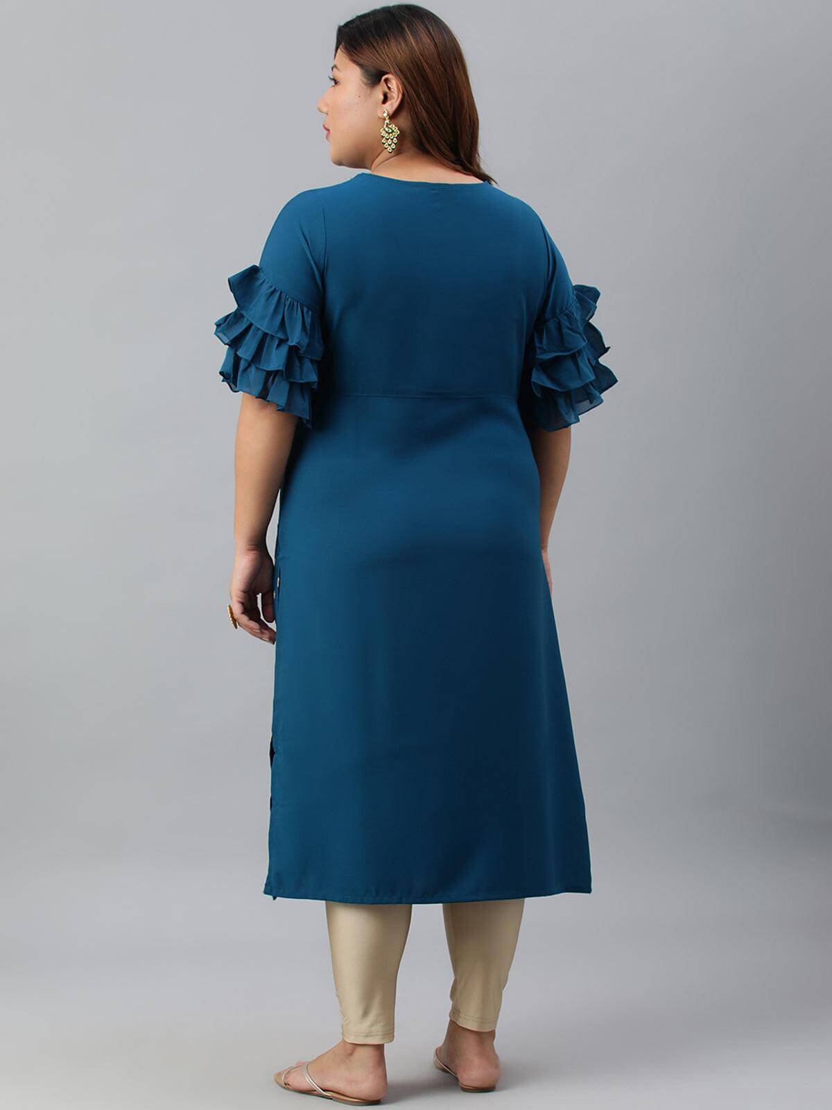 Plus Size Teal Poly Crepe Gold Print Straight kurta