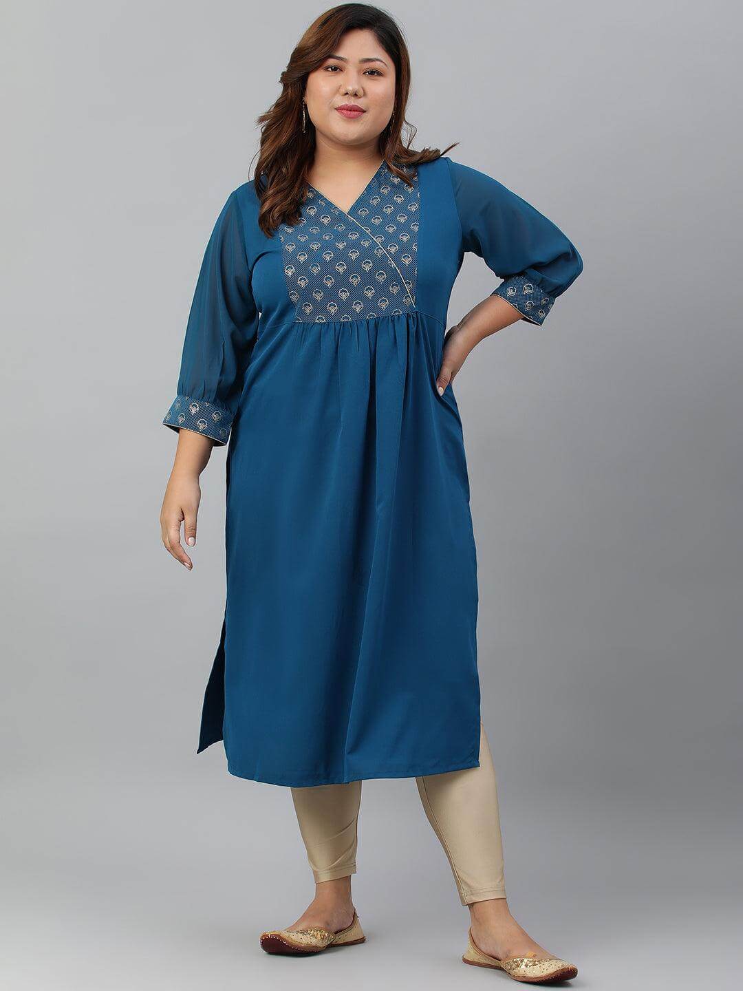 Plus Size Teal Poly Crepe Solid Straight kurta