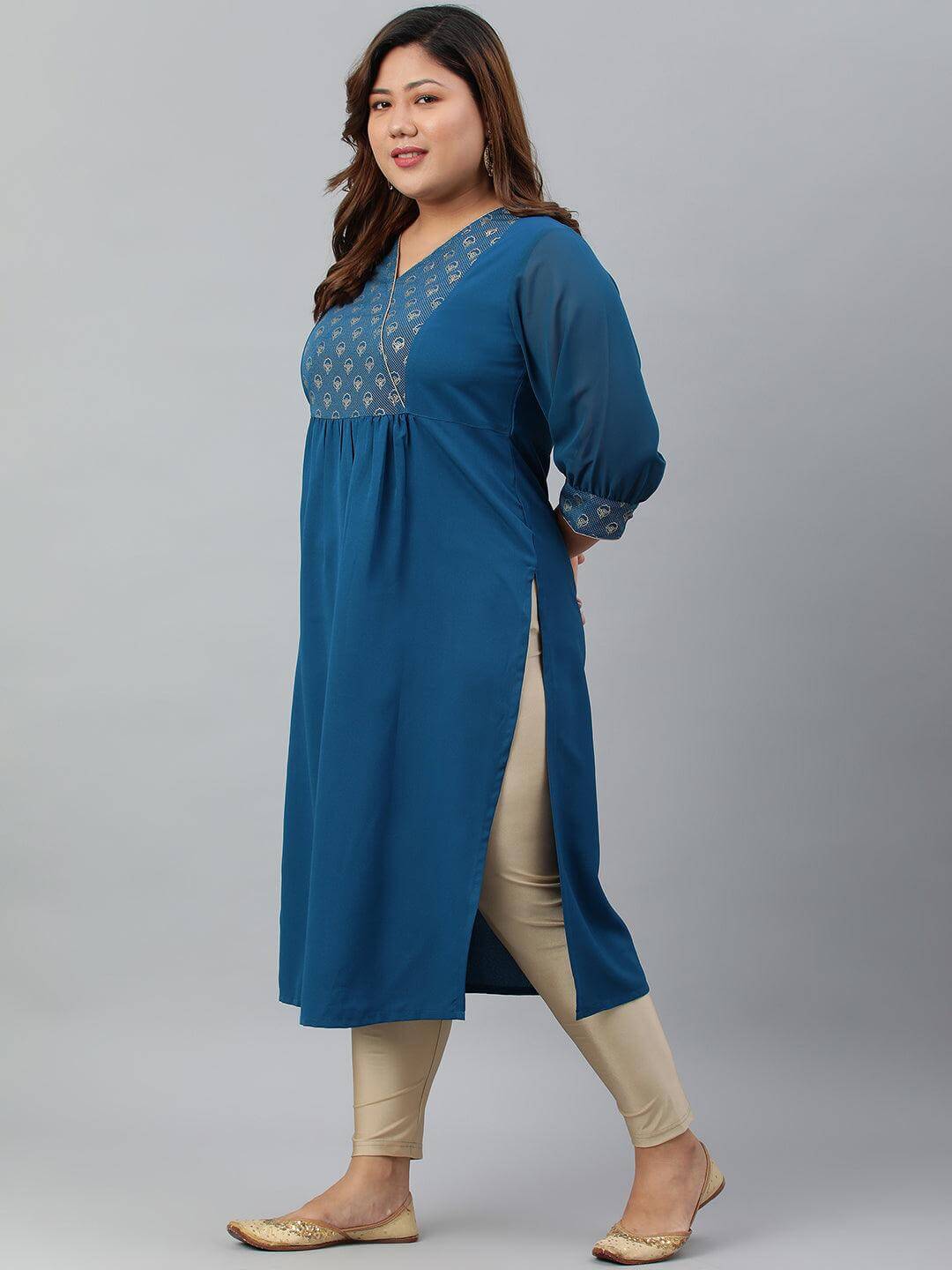 Plus Size Teal Poly Crepe Solid Straight kurta