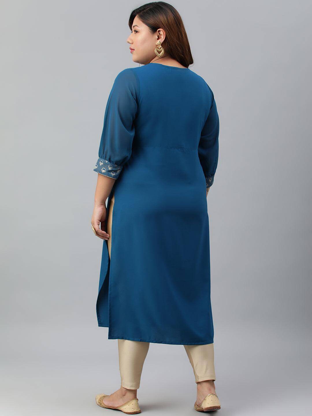 Plus Size Teal Poly Crepe Solid Straight kurta
