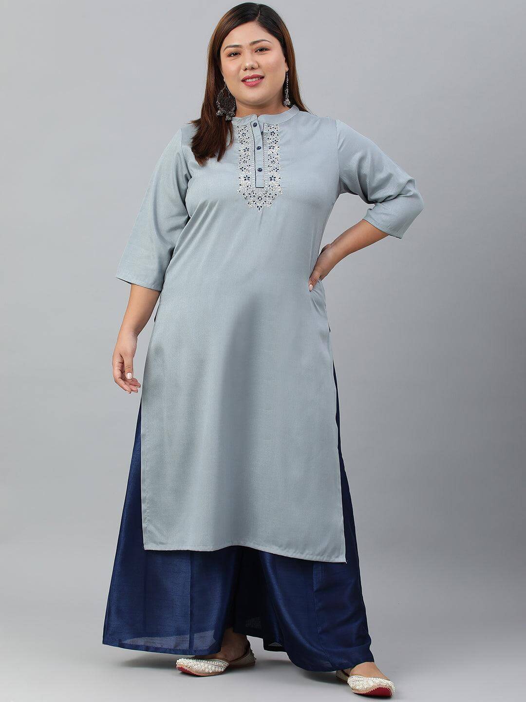 Plus Size Grey Poly Silk Solid Straight kurta