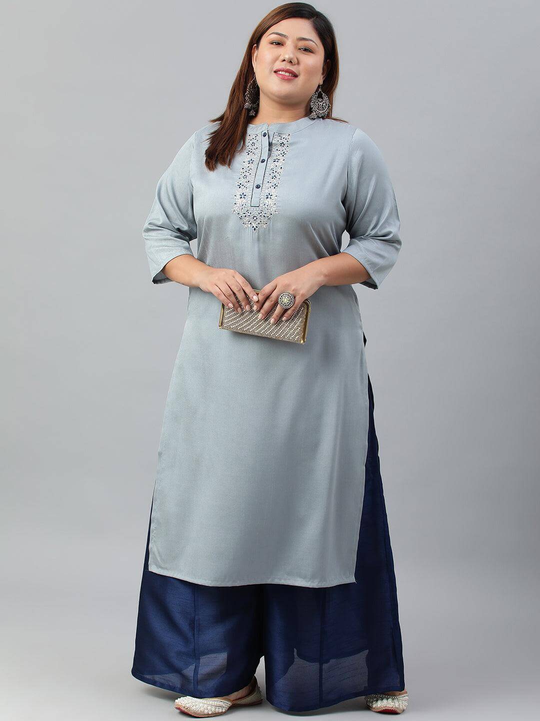 Plus Size Grey Poly Silk Solid Straight kurta