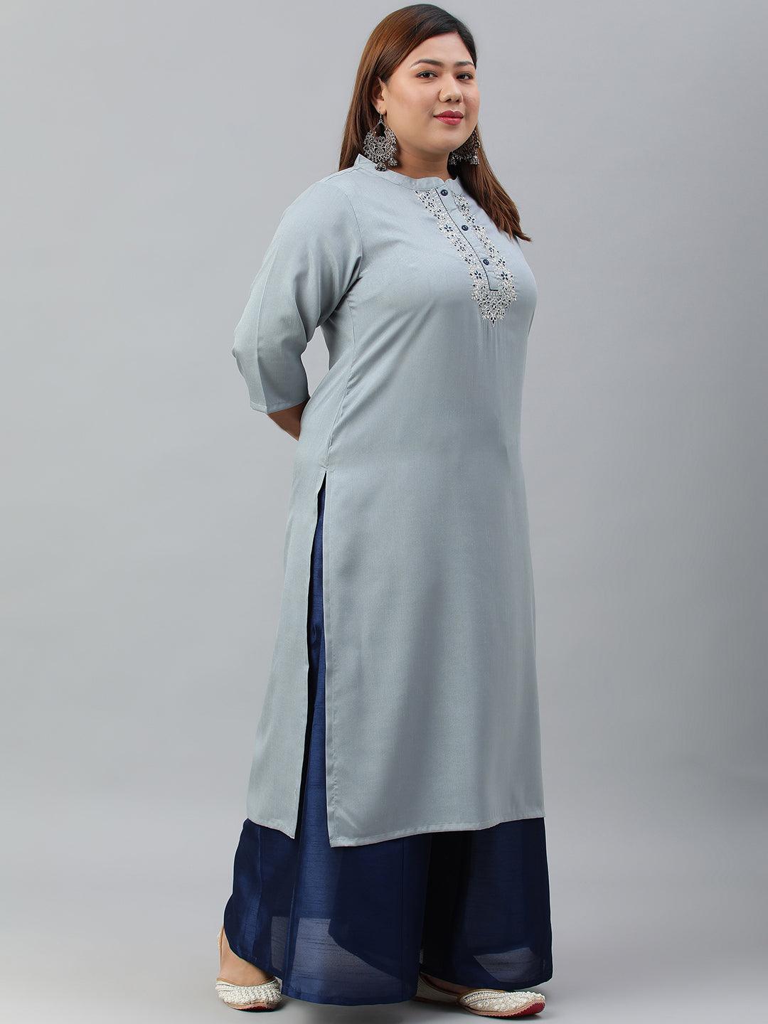 Plus Size Grey Poly Silk Solid Straight kurta