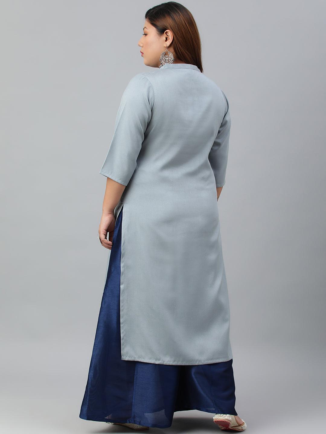 Plus Size Grey Poly Silk Solid Straight kurta
