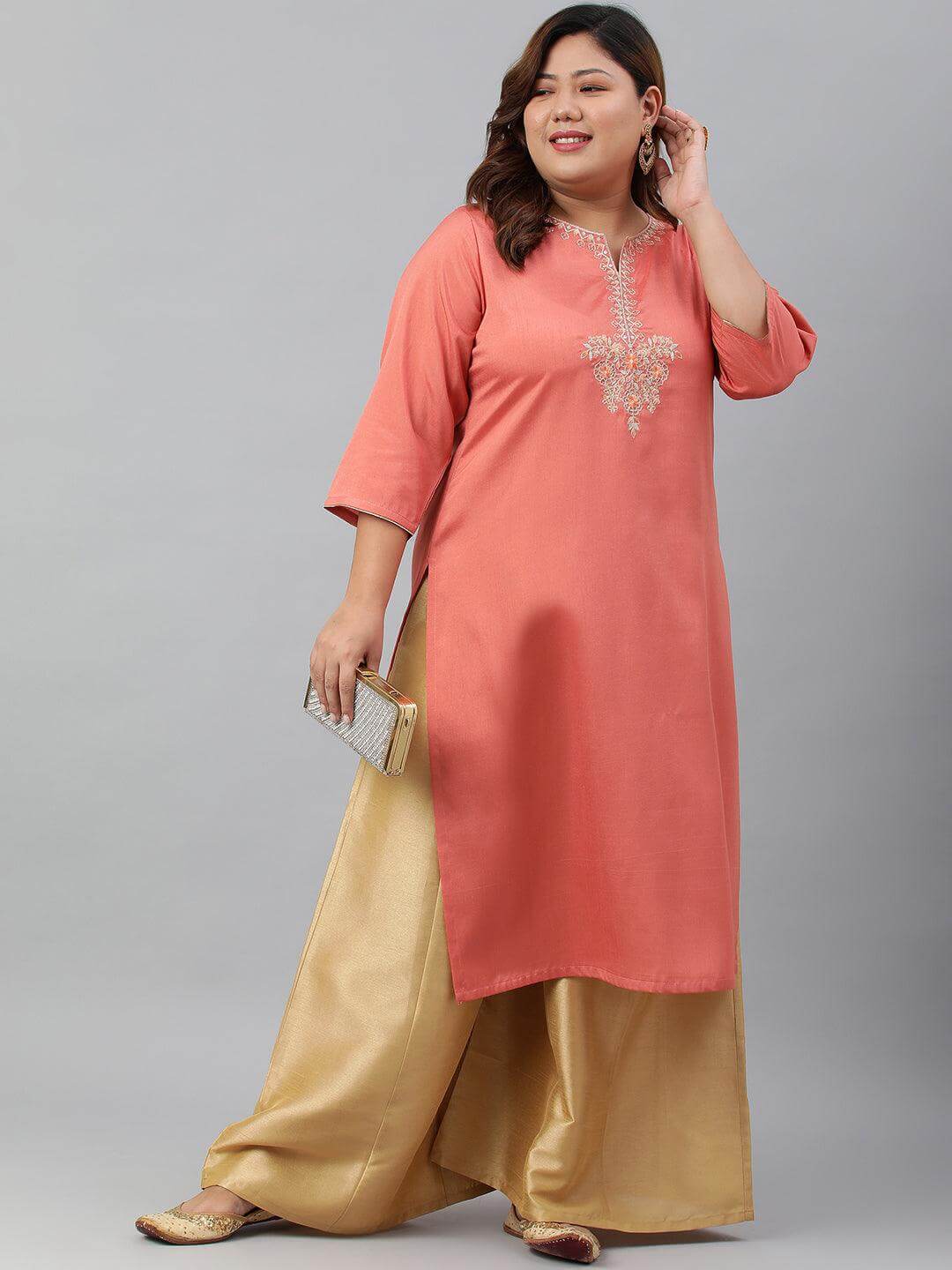 Plus Size Coral Poly Silk Embroidered Straight kurta