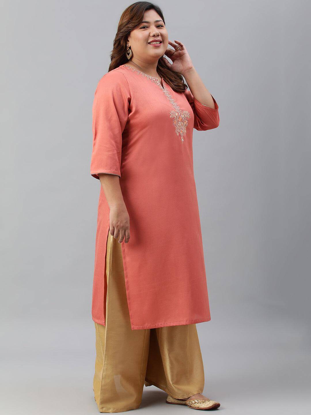 Plus Size Coral Poly Silk Embroidered Straight kurta