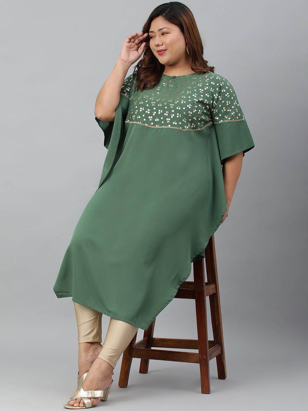 Plus Size Green Poly Crepe Foil Print Kaftan kurta