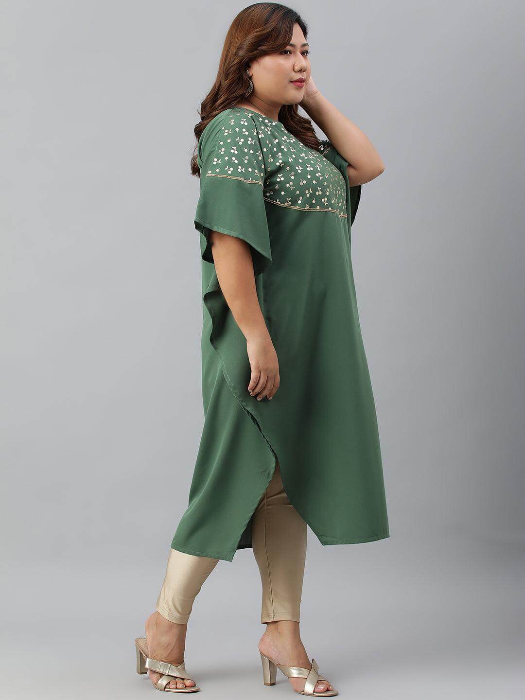 Plus Size Green Poly Crepe Foil Print Kaftan kurta