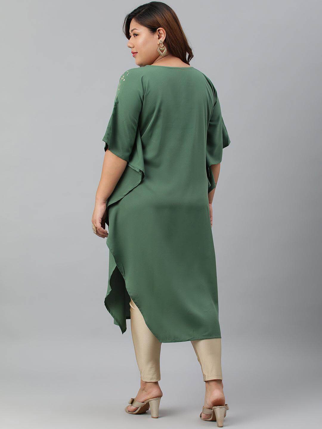 Plus Size Green Poly Crepe Foil Print Kaftan kurta