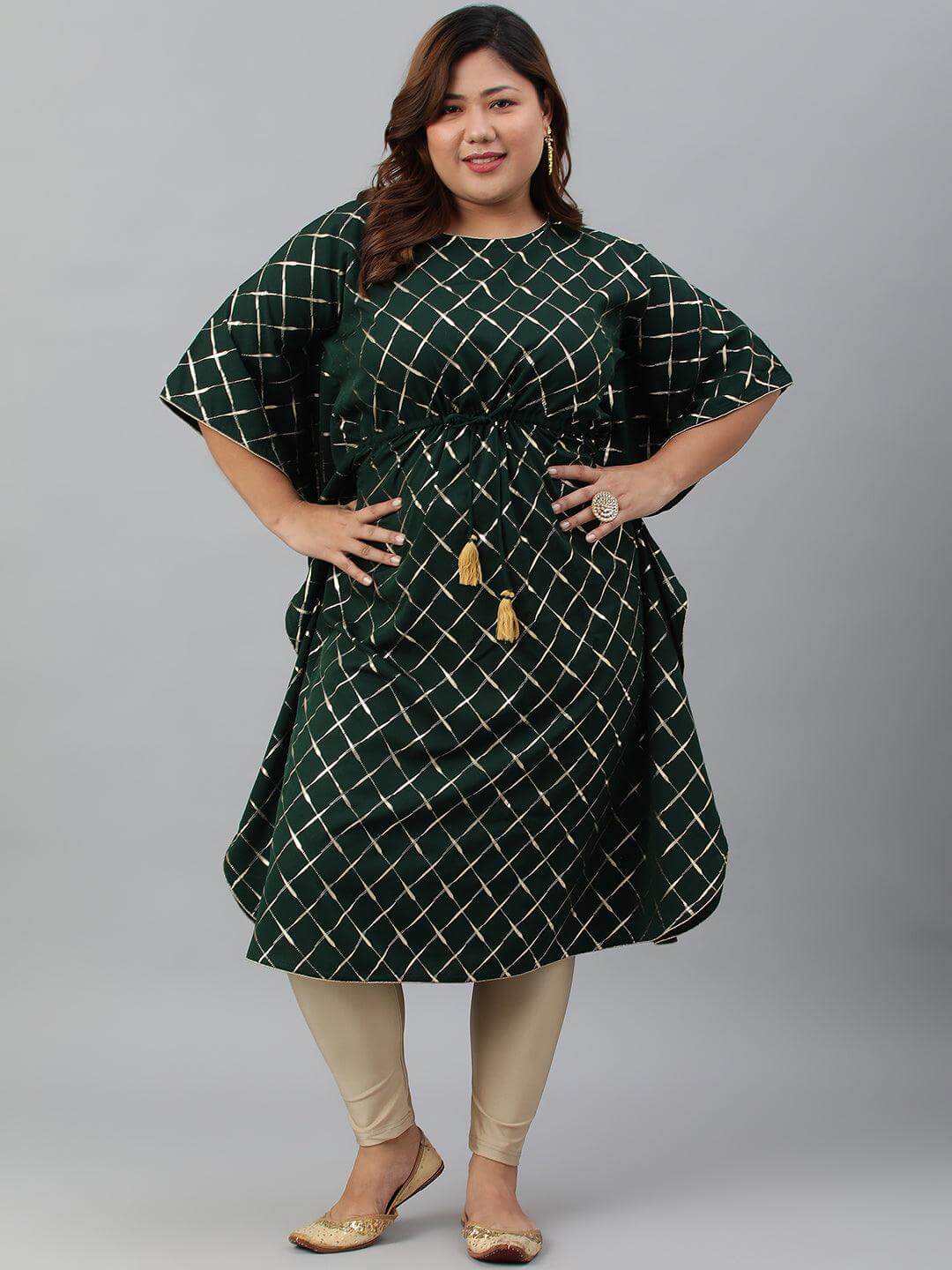 Plus Size Green Poly Crepe Checkered Kaftan kurta