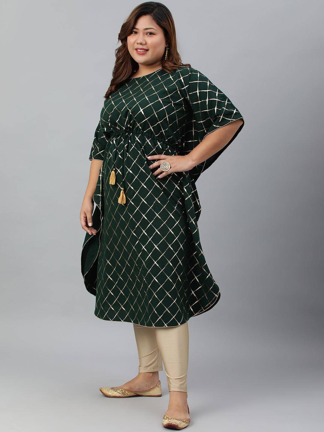 Plus Size Green Poly Crepe Checkered Kaftan kurta