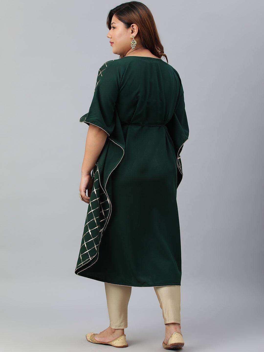 Plus Size Green Poly Crepe Checkered Kaftan kurta