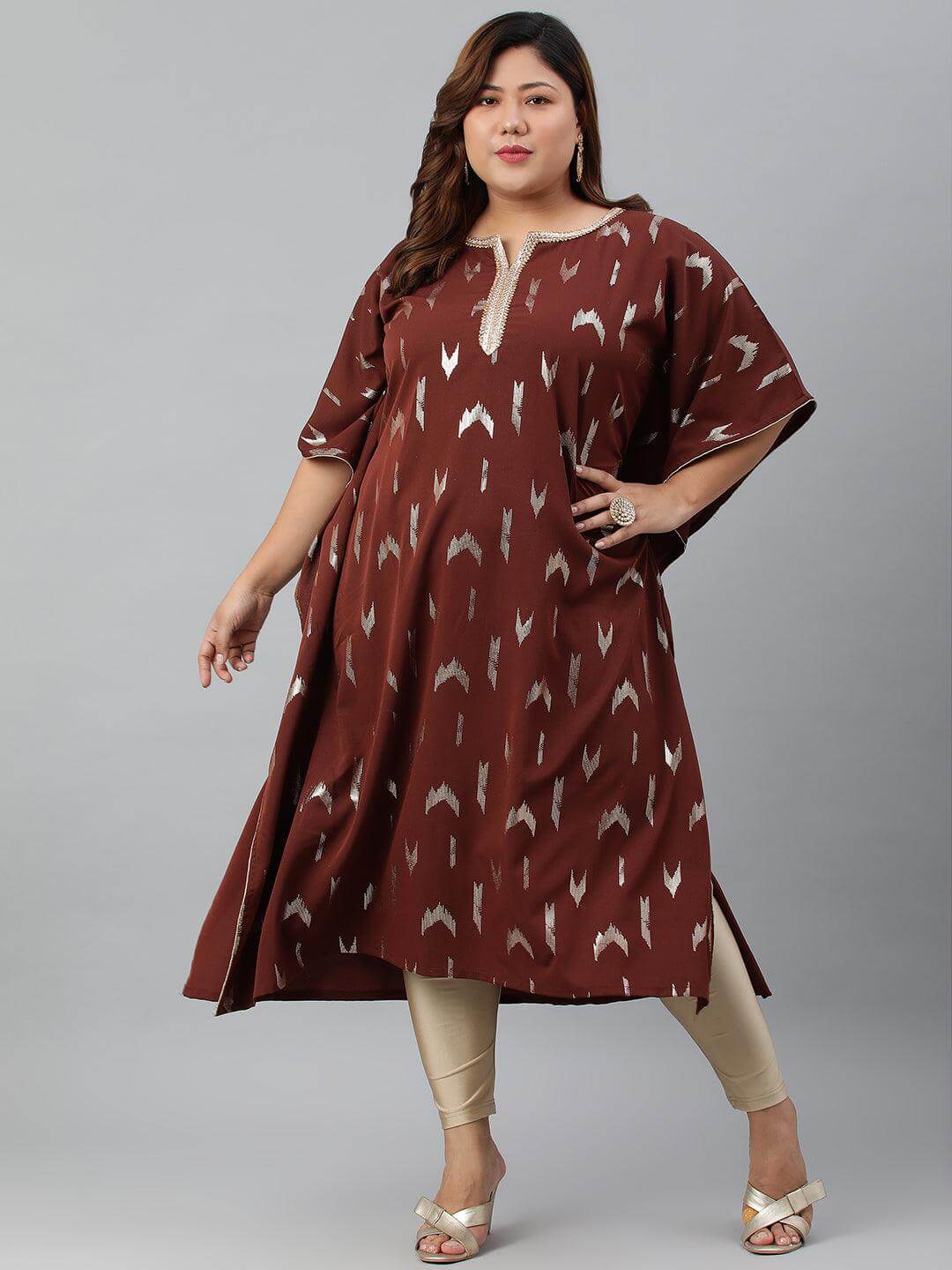 Plus Size Brown Poly Crepe Geometric Print Kaftan kurta