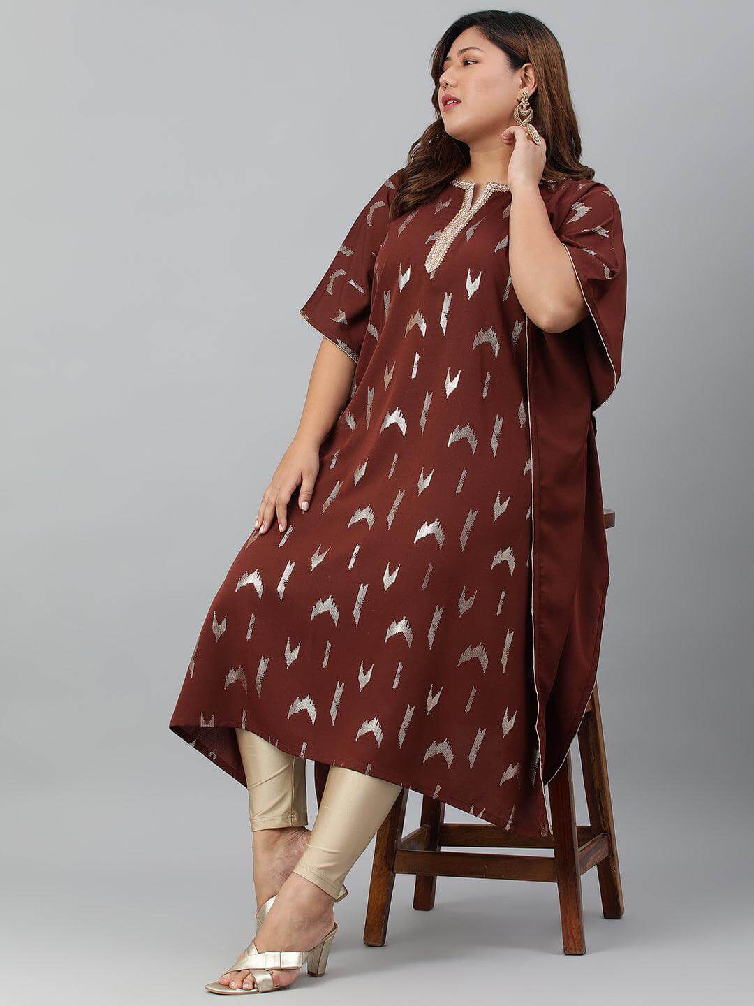 Plus Size Brown Poly Crepe Geometric Print Kaftan kurta