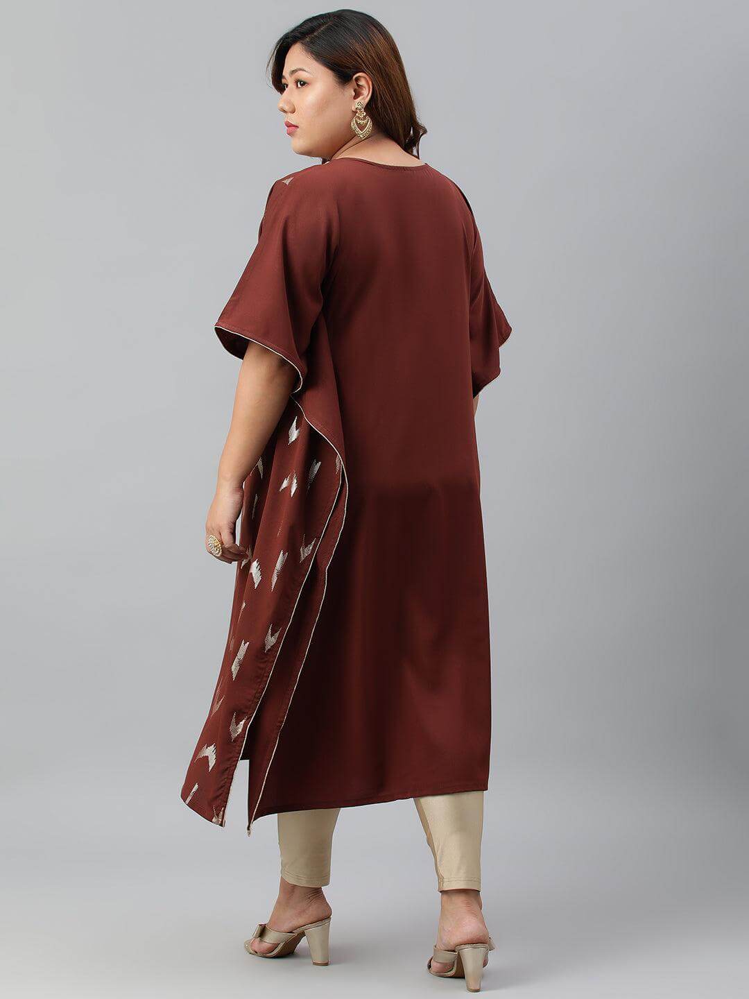 Plus Size Brown Poly Crepe Geometric Print Kaftan kurta