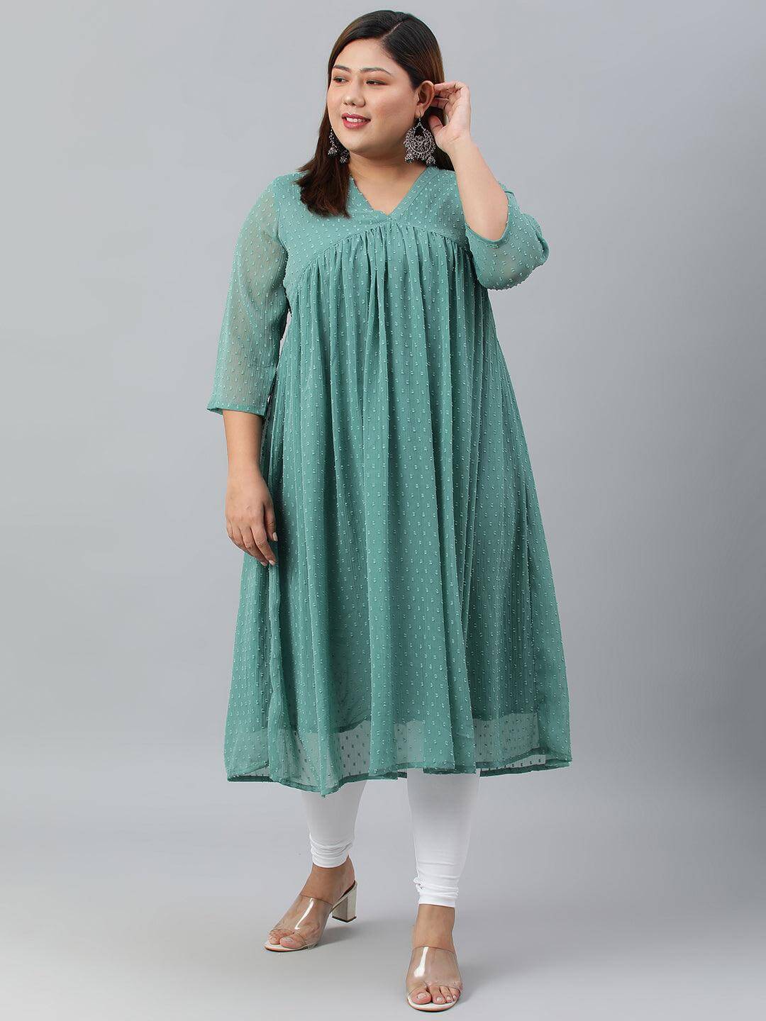 Plus Size Green Poly Chiffon Self Design Flared kurta