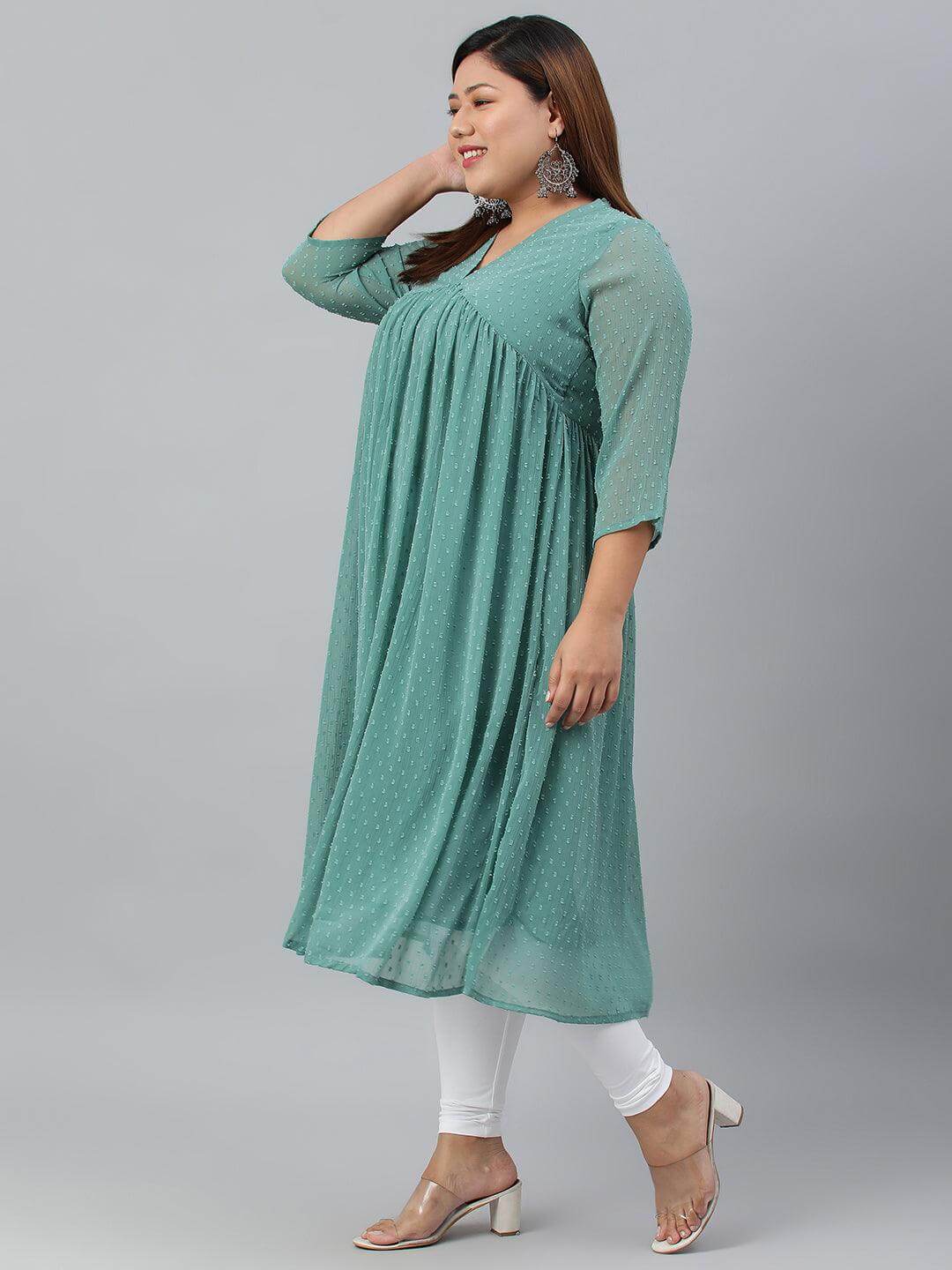 Plus Size Green Poly Chiffon Self Design Flared kurta